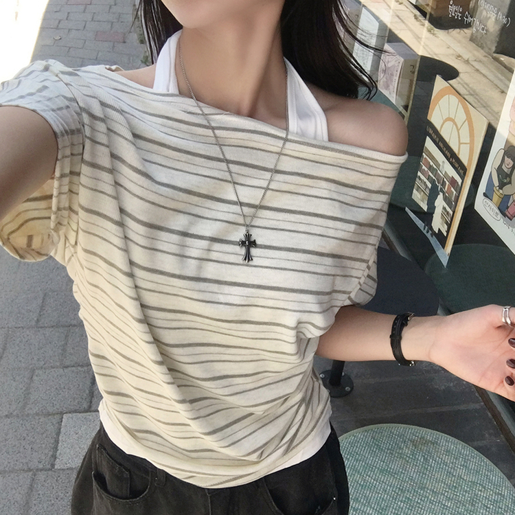ボートネックボーダーレイヤード半袖Tシャツ BEIGE