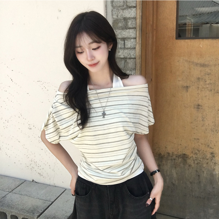 ボートネックボーダーレイヤード半袖Tシャツ BEIGE