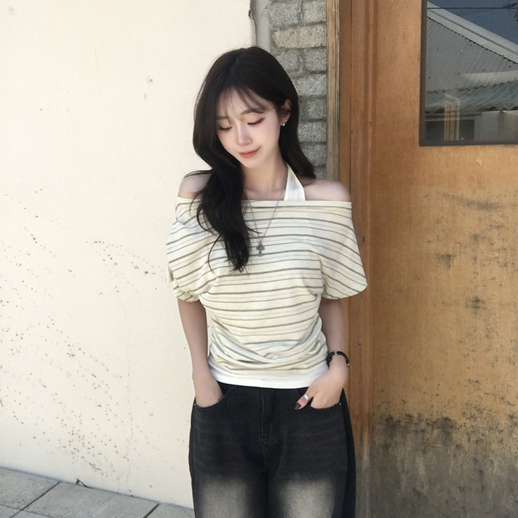 ボートネックボーダーレイヤード半袖Tシャツ BEIGE