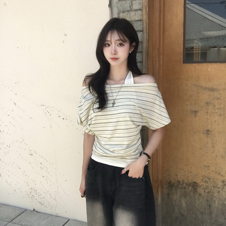 ボートネックボーダーレイヤード半袖Tシャツ BEIGE
