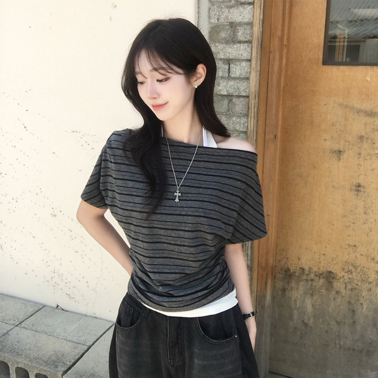 ボートネックボーダーレイヤード半袖Tシャツ CHARCOAL