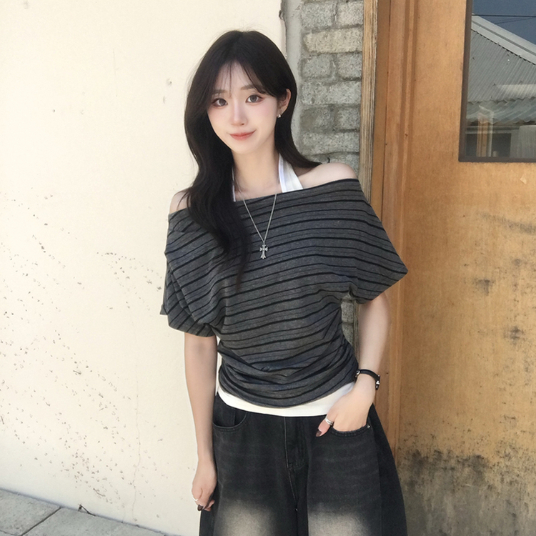 ボートネックボーダーレイヤード半袖Tシャツ CHARCOAL