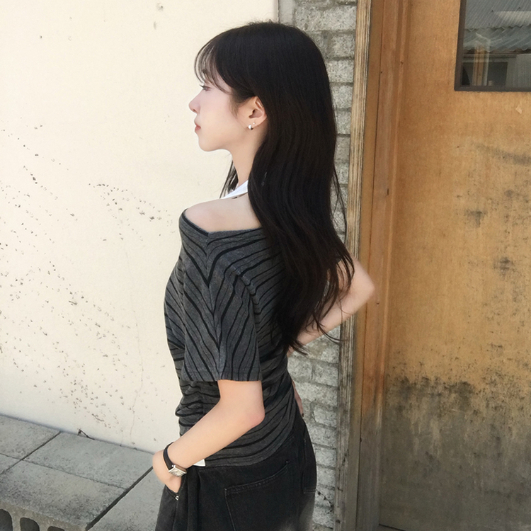 ボートネックボーダーレイヤード半袖Tシャツ CHARCOAL