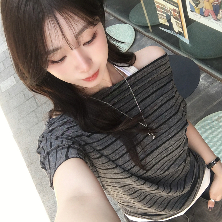 ボートネックボーダーレイヤード半袖Tシャツ CHARCOAL