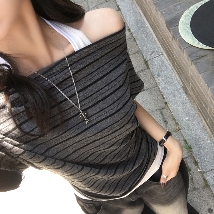 ボートネックボーダーレイヤード半袖Tシャツ CHARCOAL