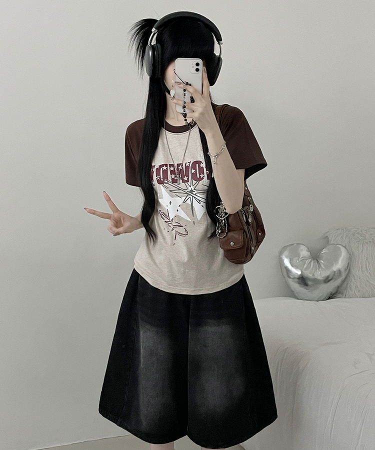 レタリングプリントラグラン半袖Tシャツ MOCHA