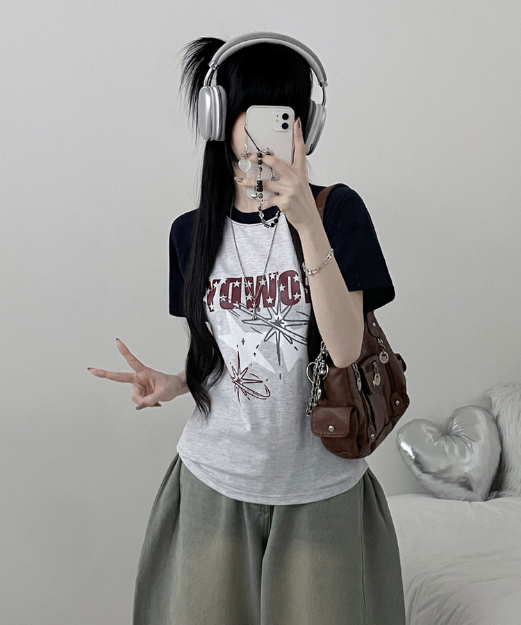 レタリングプリントラグラン半袖Tシャツ MELANGE