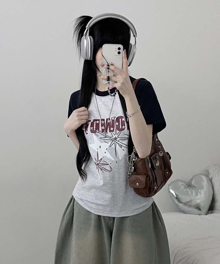 レタリングプリントラグラン半袖Tシャツ MELANGE