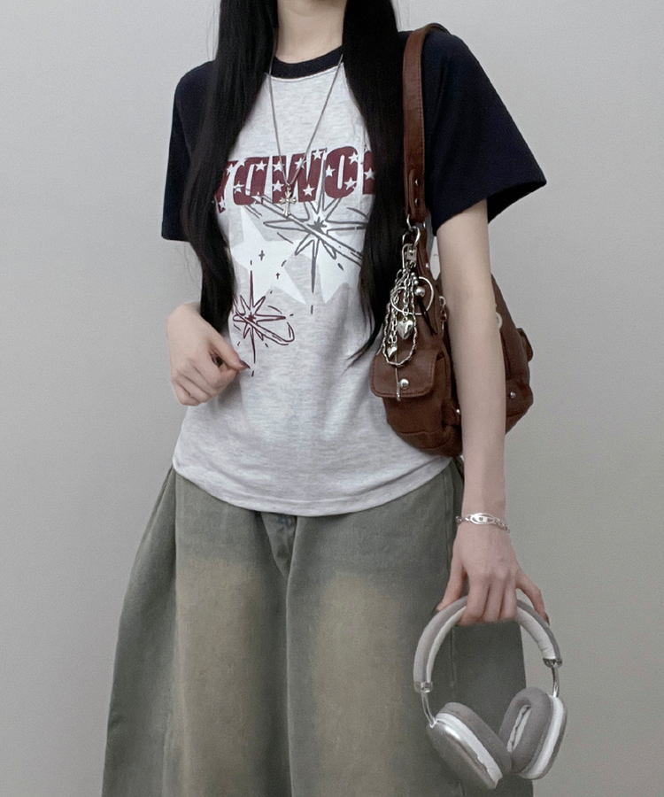 レタリングプリントラグラン半袖Tシャツ MELANGE