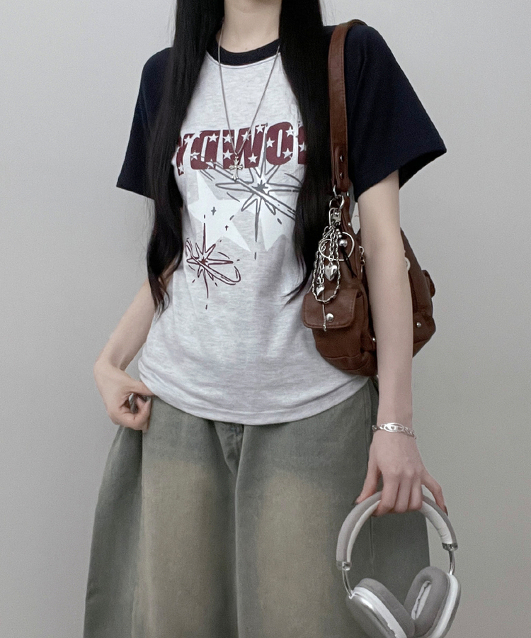 レタリングプリントラグラン半袖Tシャツ MELANGE
