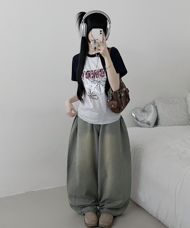 レタリングプリントラグラン半袖Tシャツ MELANGE
