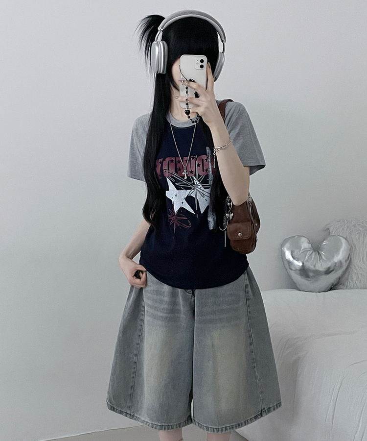 レタリングプリントラグラン半袖Tシャツ NAVY
