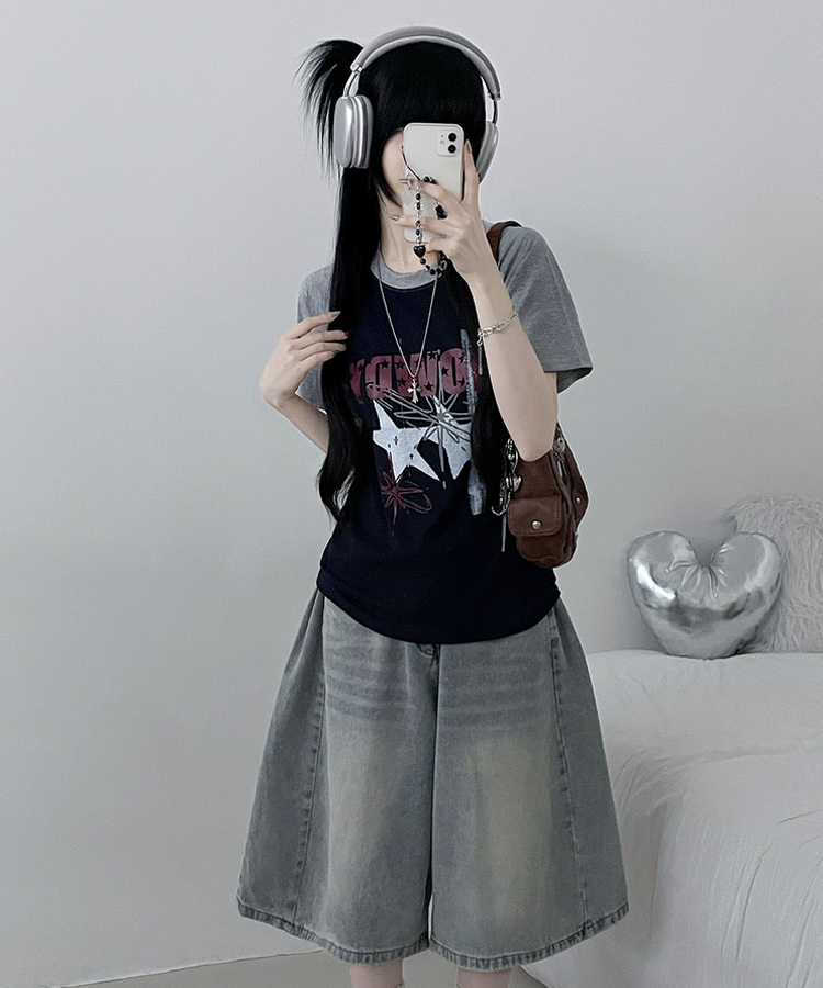 レタリングプリントラグラン半袖Tシャツ NAVY