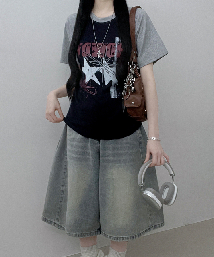 レタリングプリントラグラン半袖Tシャツ NAVY