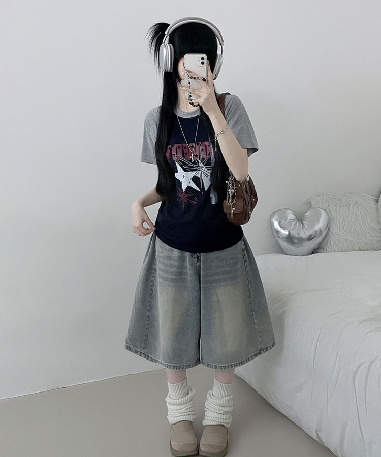 レタリングプリントラグラン半袖Tシャツ NAVY