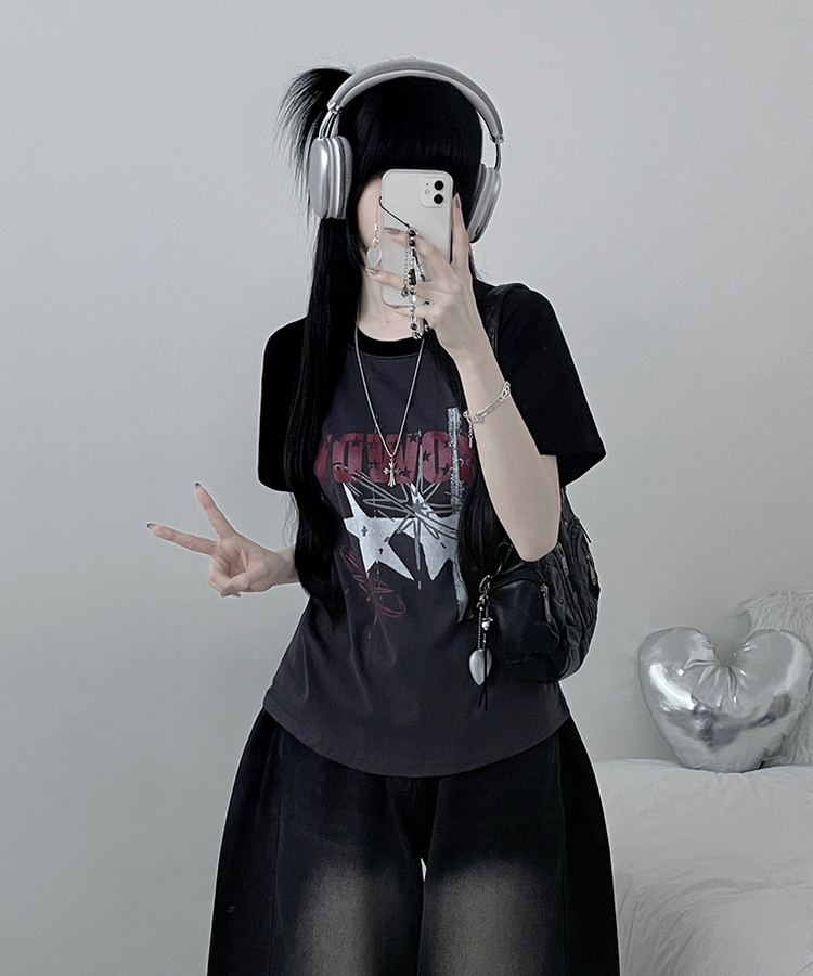 レタリングプリントラグラン半袖Tシャツ BLACK