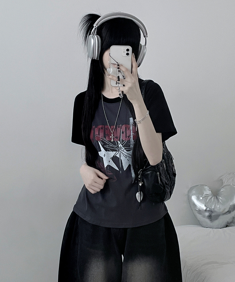 レタリングプリントラグラン半袖Tシャツ BLACK