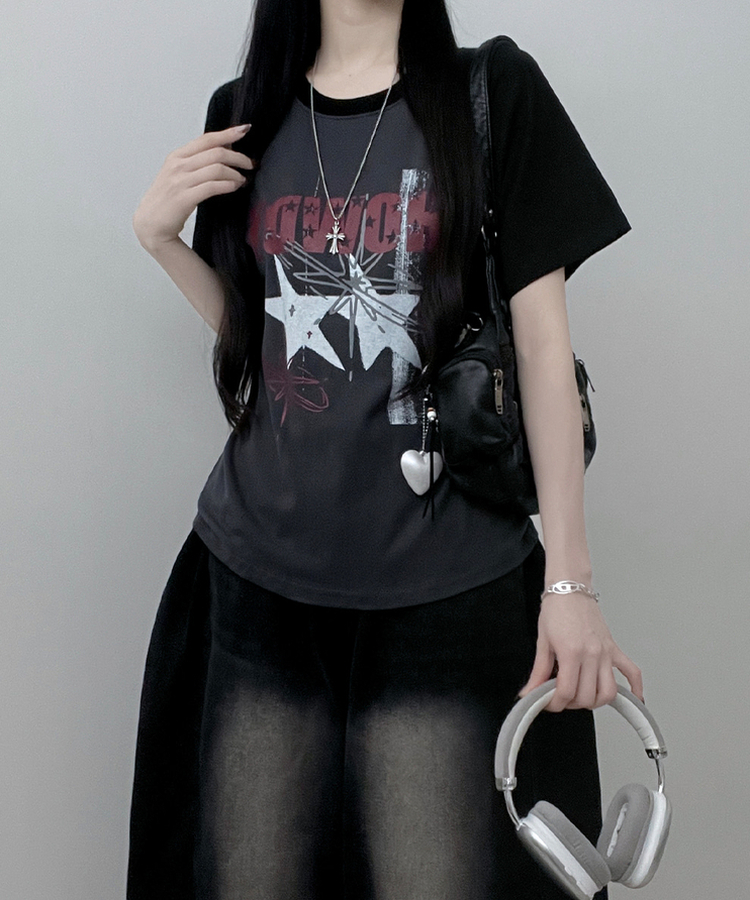 レタリングプリントラグラン半袖Tシャツ BLACK