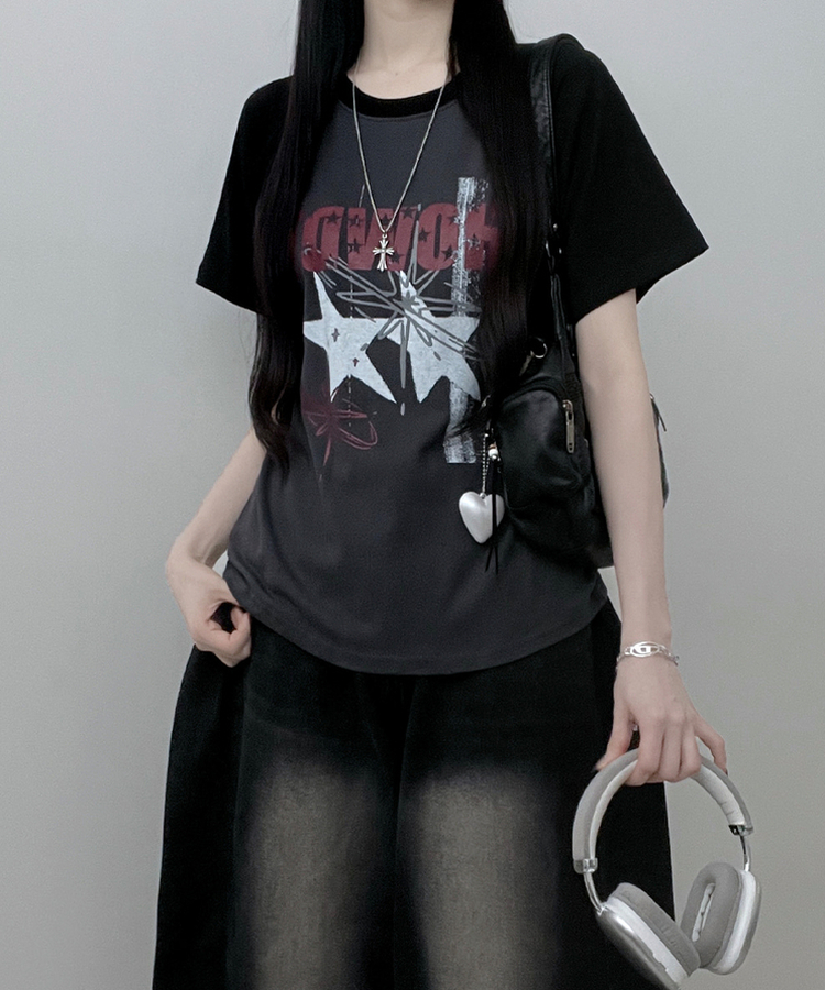 レタリングプリントラグラン半袖Tシャツ BLACK
