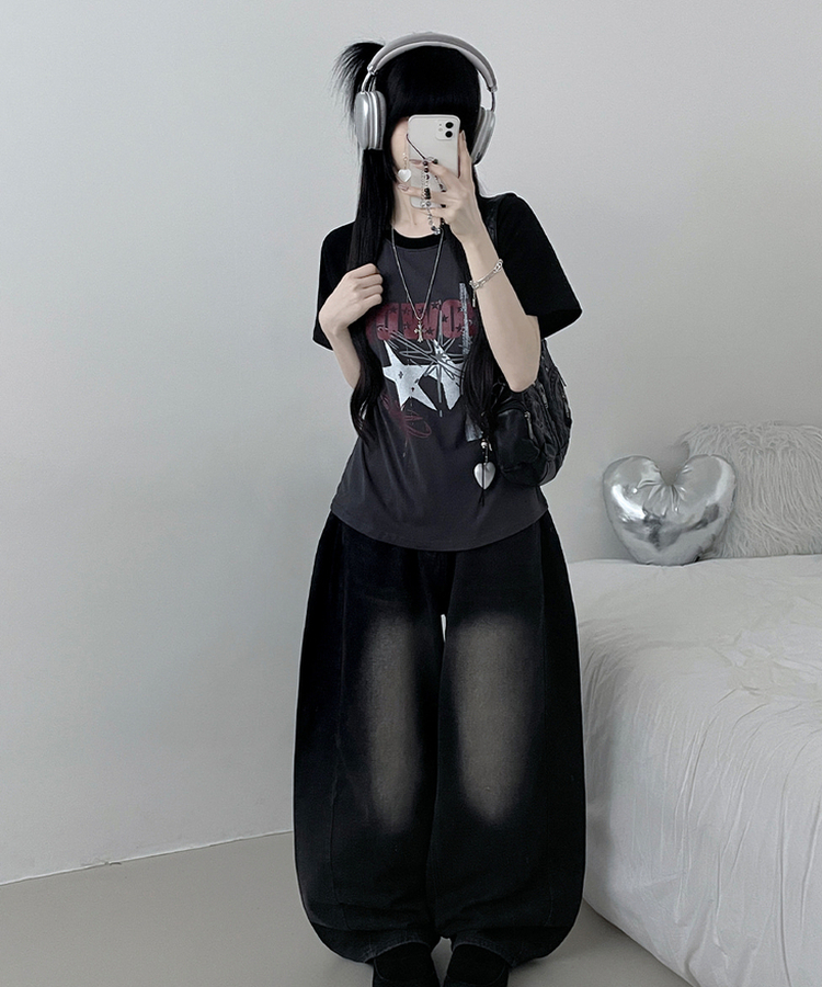 レタリングプリントラグラン半袖Tシャツ BLACK