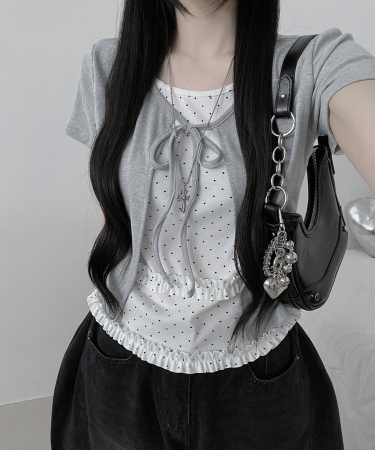 ドットリボンフリルレイヤード半袖カーディガン GREY
