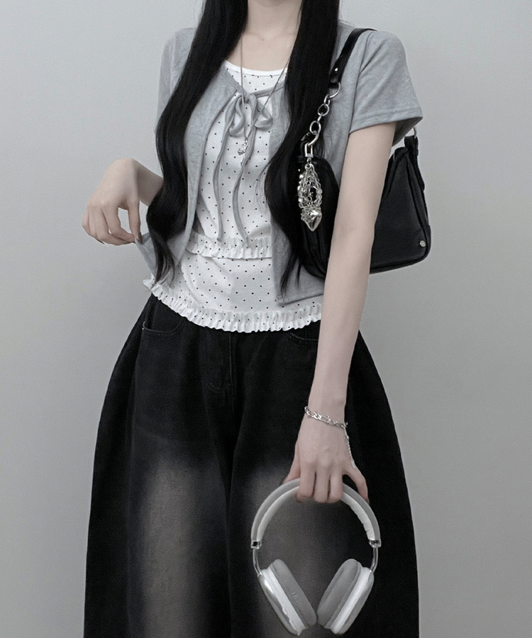 ドットリボンフリルレイヤード半袖カーディガン GREY