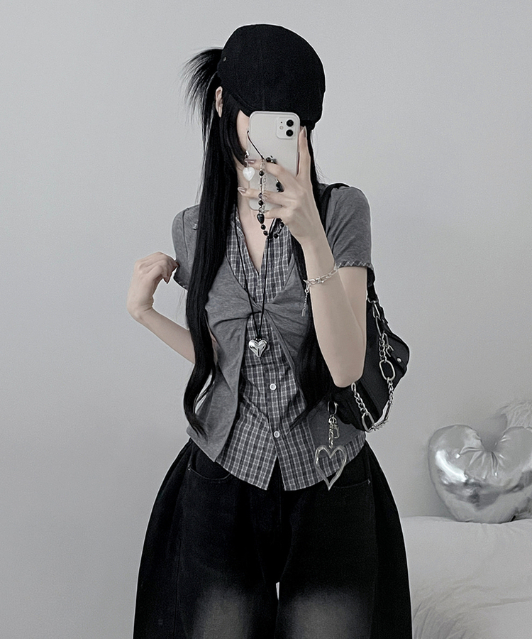 チェックシャツレイヤードツイストオープン半袖Tシャツ GREY
