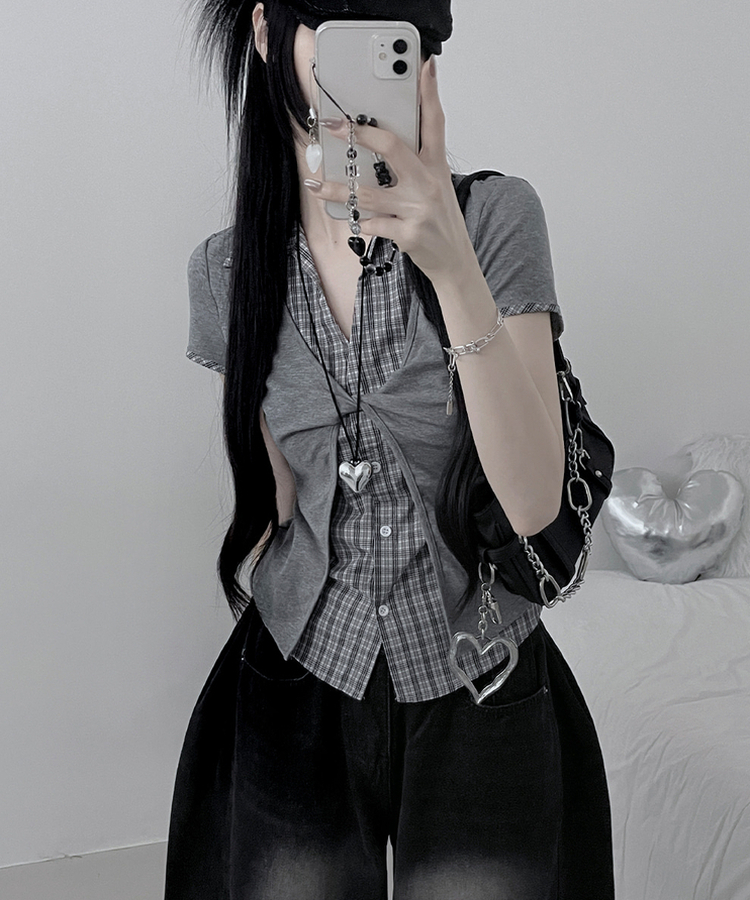 チェックシャツレイヤードツイストオープン半袖Tシャツ GREY