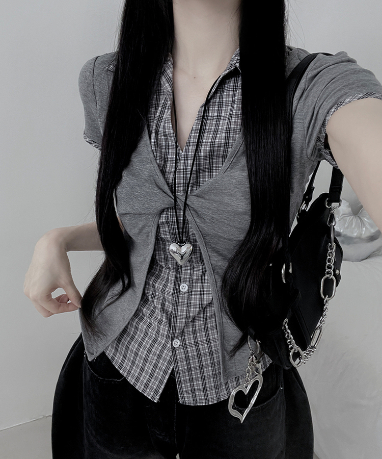 チェックシャツレイヤードツイストオープン半袖Tシャツ GREY