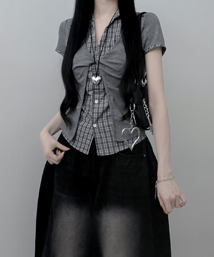 チェックシャツレイヤードツイストオープン半袖Tシャツ GREY