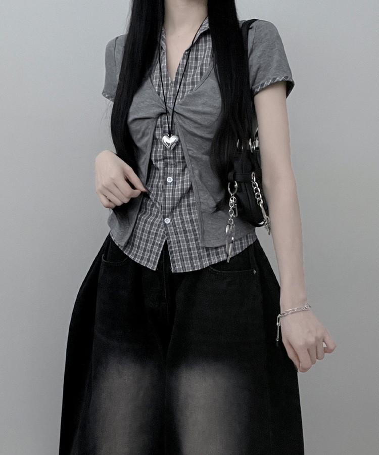 チェックシャツレイヤードツイストオープン半袖Tシャツ GREY