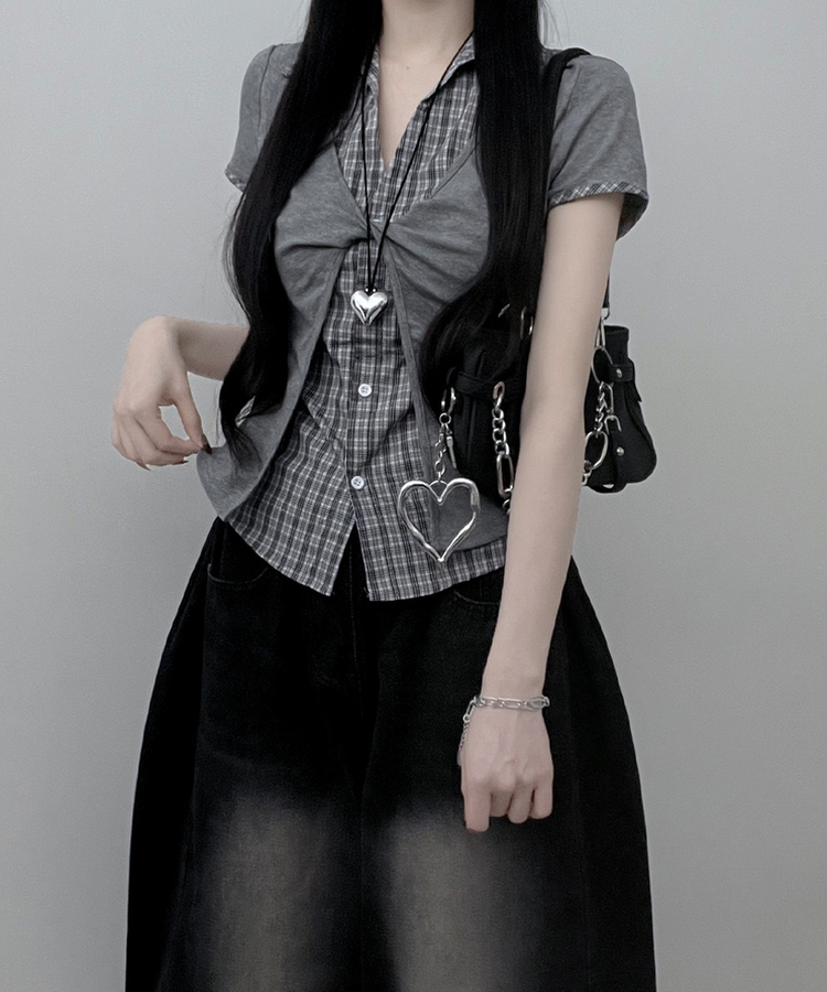 チェックシャツレイヤードツイストオープン半袖Tシャツ GREY