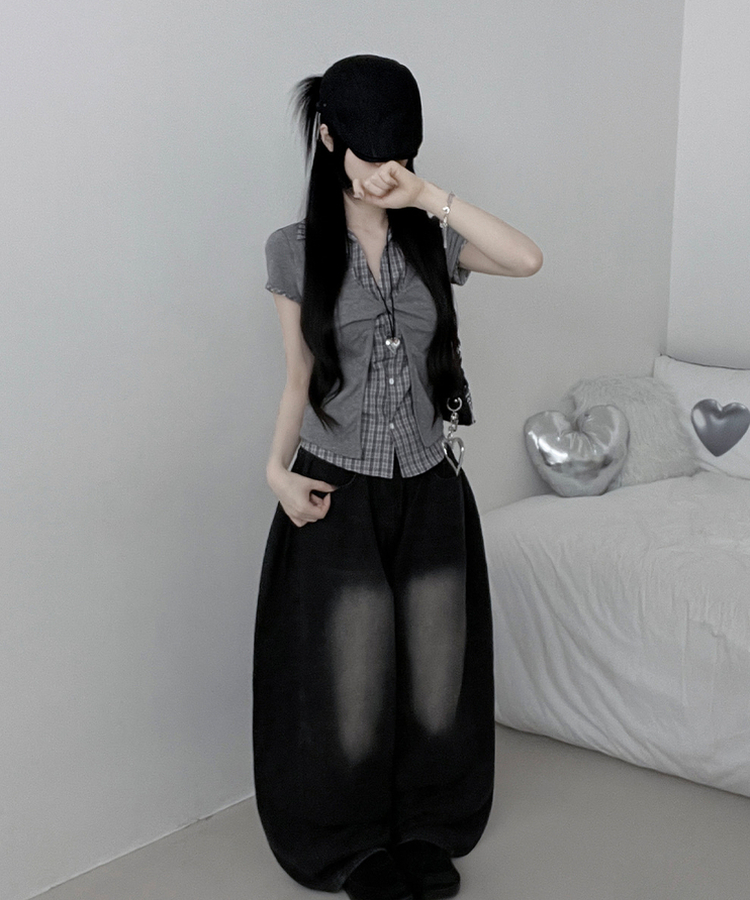 チェックシャツレイヤードツイストオープン半袖Tシャツ GREY