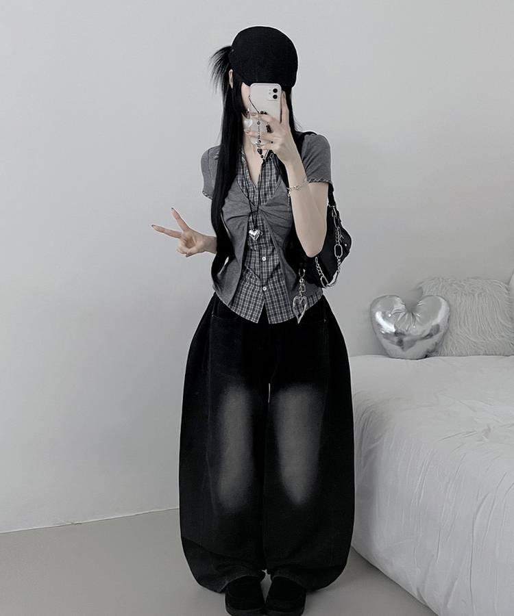 チェックシャツレイヤードツイストオープン半袖Tシャツ GREY