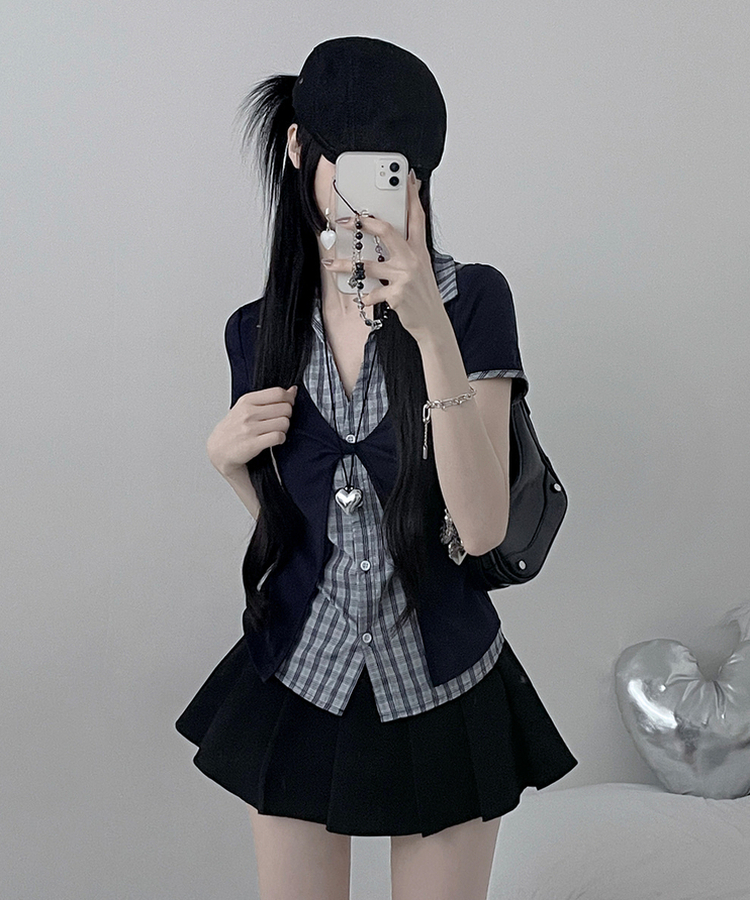 チェックシャツレイヤードツイストオープン半袖Tシャツ NAVY