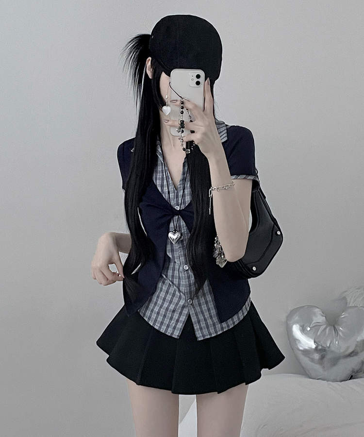 チェックシャツレイヤードツイストオープン半袖Tシャツ NAVY