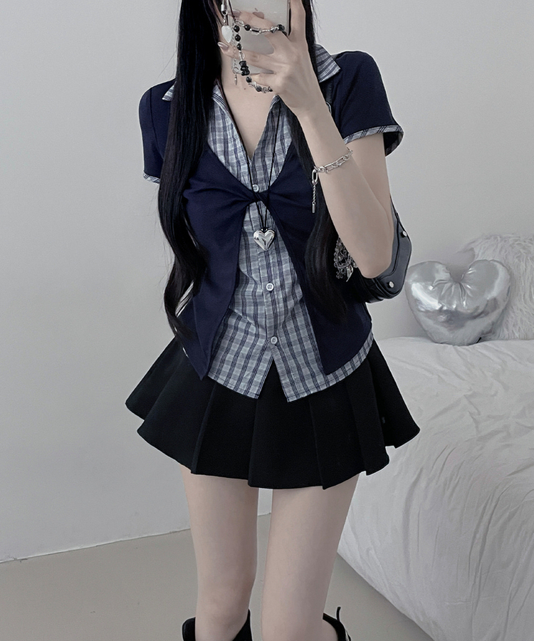 チェックシャツレイヤードツイストオープン半袖Tシャツ NAVY