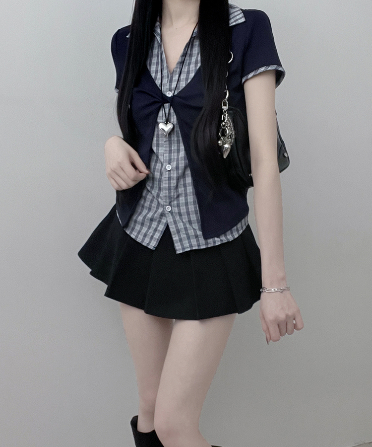 チェックシャツレイヤードツイストオープン半袖Tシャツ NAVY