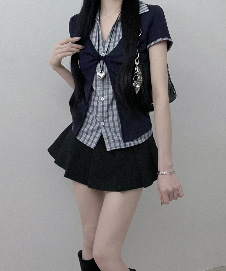チェックシャツレイヤードツイストオープン半袖Tシャツ NAVY