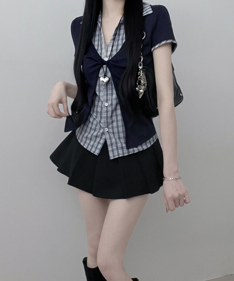 チェックシャツレイヤードツイストオープン半袖Tシャツ NAVY
