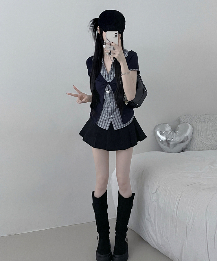 チェックシャツレイヤードツイストオープン半袖Tシャツ NAVY