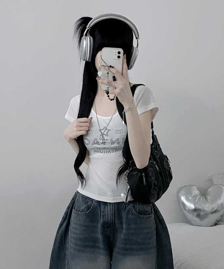 レタリングプリントUネックスリム半袖Tシャツ(5color) IVORY