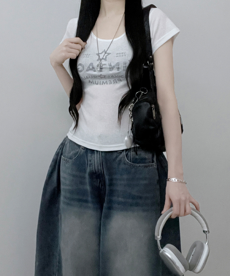 レタリングプリントUネックスリム半袖Tシャツ(5color) IVORY