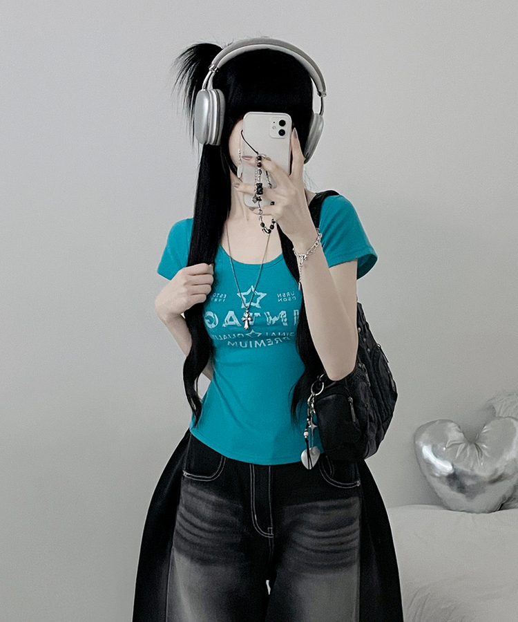 レタリングプリントUネックスリム半袖Tシャツ(5color) AQUA BLUE