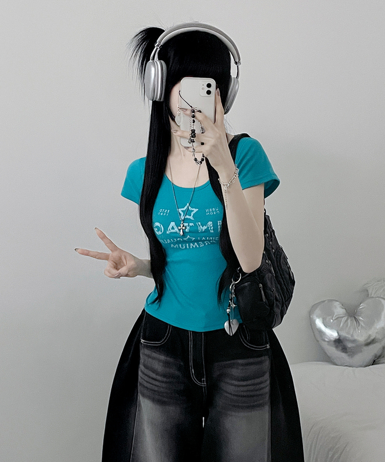 レタリングプリントUネックスリム半袖Tシャツ(5color) AQUA BLUE