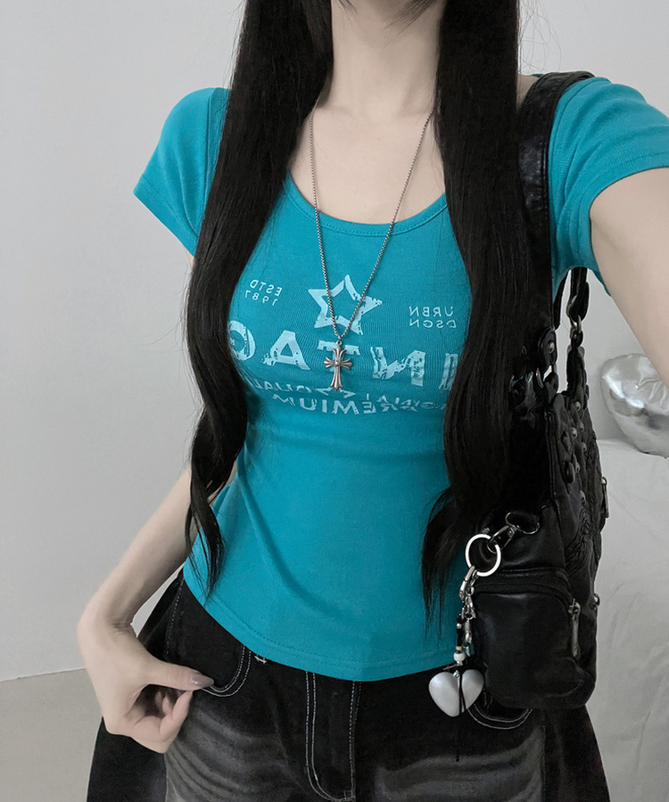 レタリングプリントUネックスリム半袖Tシャツ(5color) AQUA BLUE