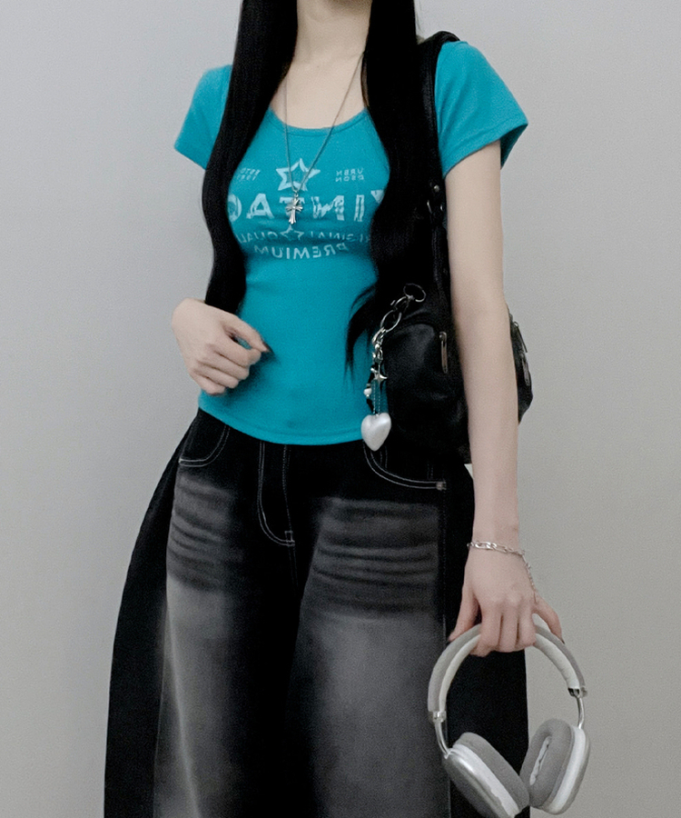 レタリングプリントUネックスリム半袖Tシャツ(5color) AQUA BLUE