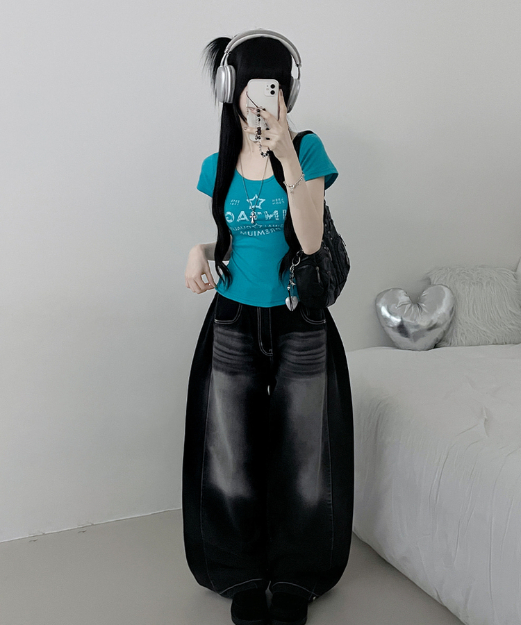 レタリングプリントUネックスリム半袖Tシャツ(5color) AQUA BLUE