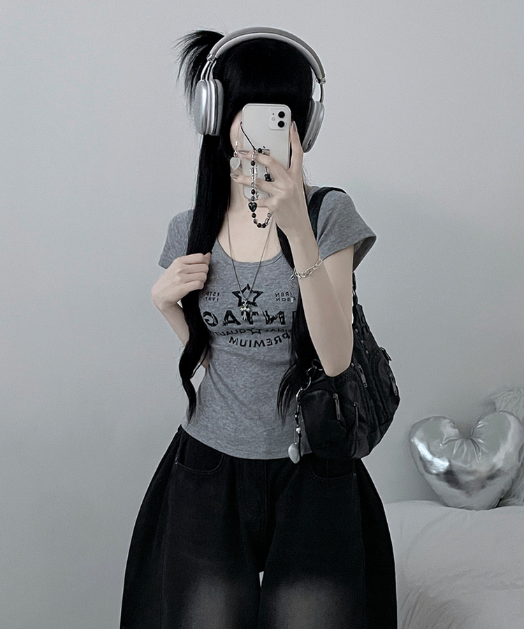 レタリングプリントUネックスリム半袖Tシャツ(5color) GREY