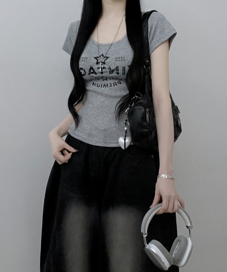 レタリングプリントUネックスリム半袖Tシャツ(5color) GREY